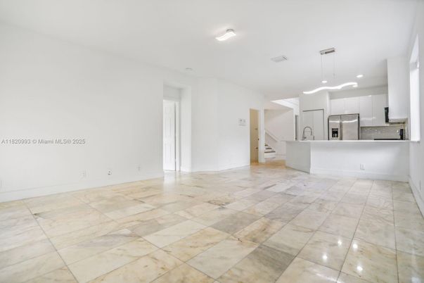 Empty room, Interior, Kitchen, Pendant Lights, Recessed Lighting, Stainless Steel Appliances