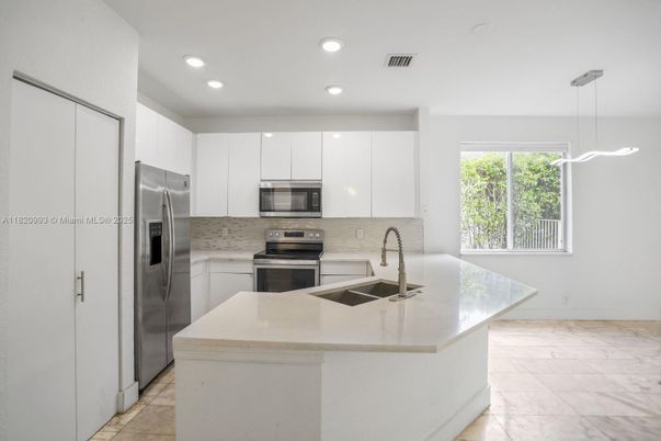Interior, Kitchen, Marble, Pendant Lights, Recessed Lighting, Stainless Steel Appliances