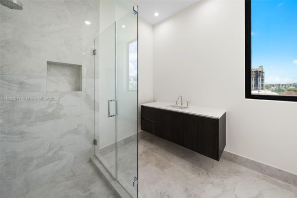 Bathroom, Glass Shower, Interior, Marble Walls, Recessed Lighting