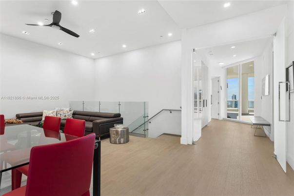Dining room, Interior, Living room, Recessed Lighting, Wood Texture Flooring