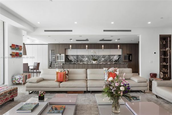 Dining room, Interior, Kitchen, Living room, Marble Walls, Recessed Lighting, Stainless Steel Appliances