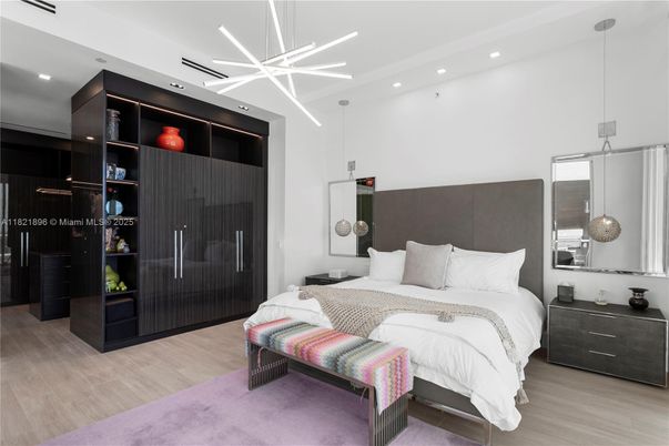 Bedroom, Interior, Pendant Lights, Recessed Lighting, Wood Texture Flooring