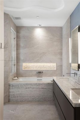 Bathroom, Dual Sink Vanities, Interior, Marble Walls, Recessed Lighting