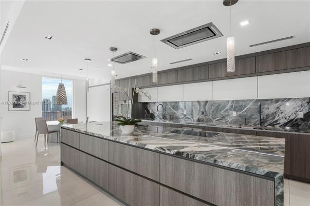Dining room, Interior, Kitchen, Marble Walls, Pendant Lights, Recessed Lighting