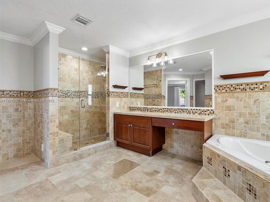 Bathroom, Glass Shower, Interior, Recessed Lighting, Stone Walls