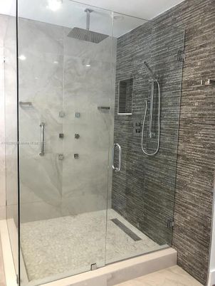 Bathroom, Glass Shower, Interior, Marble Walls, Recessed Lighting