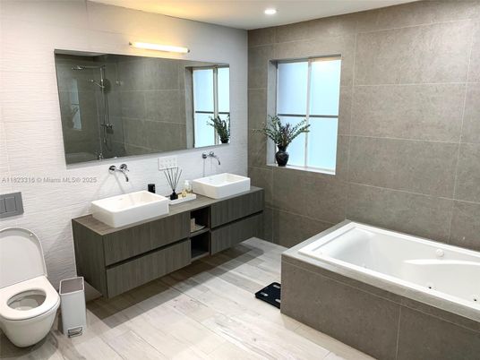Bathroom, Dual Sink Vanities, Interior, Recessed Lighting, Wood Texture Flooring