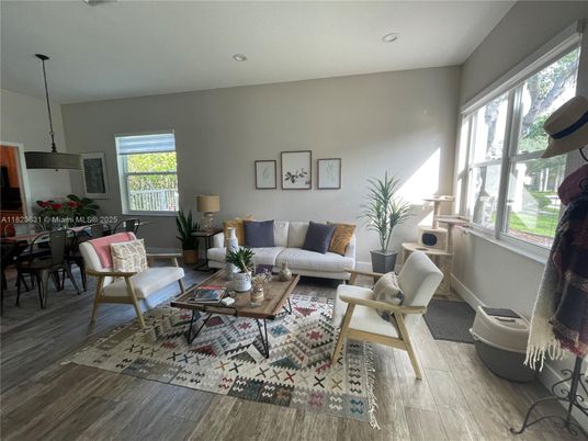 Dining room, Interior, Living room, Pendant Lights, Recessed Lighting, Wood Texture Flooring