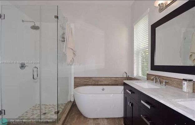Bathroom, Free Standing Baths, Glass Shower, Interior, Wood Texture Flooring
