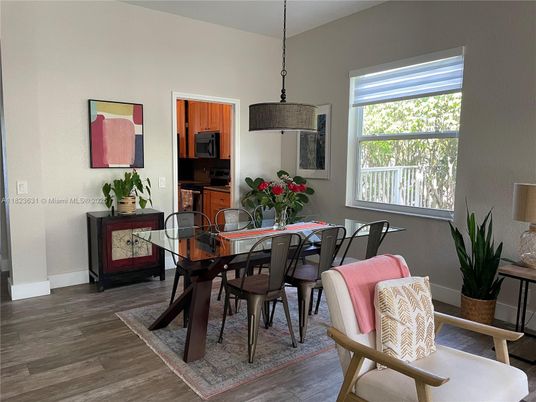 Dining room, Interior, Pendant Lights, Wood Texture Flooring