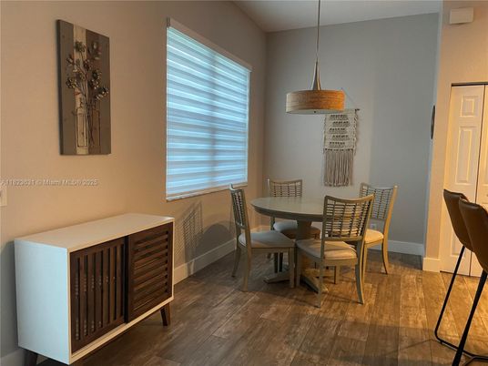 Dining room, Interior, Pendant Lights, Wood Texture Flooring