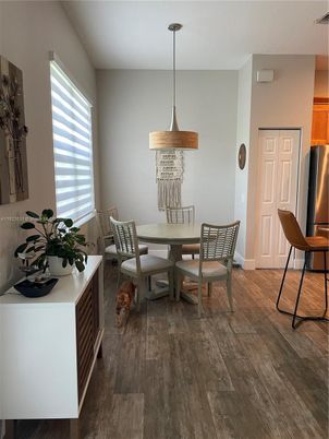 Dining room, Interior, Pendant Lights, Wood Texture Flooring