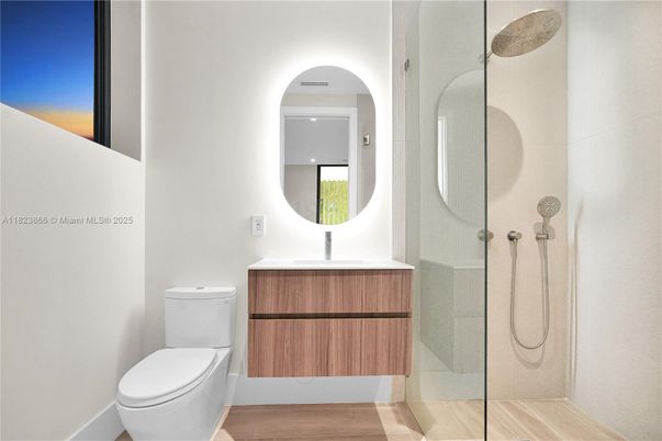 Bathroom, Glass Shower, Interior, Recessed Lighting, Wood Texture Flooring