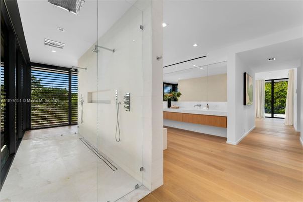 Bathroom, Glass Shower, Interior, Recessed Lighting, Wood Texture Flooring