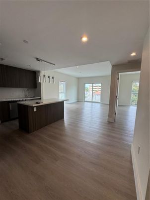 Empty room, Interior, Kitchen, Pendant Lights, Recessed Lighting, Wood Texture Flooring
