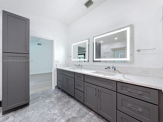 Bathroom, Dual Sink Vanities, Interior, Marble, Recessed Lighting