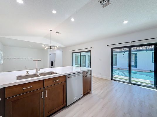 Interior, Kitchen, Pendant Lights, Recessed Lighting, Wood Texture Flooring