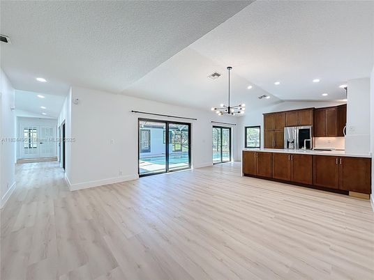 Empty room, Interior, Kitchen, Pendant Lights, Recessed Lighting, Stainless Steel Appliances, Wood Texture Flooring