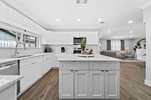 Interior, Kitchen, Living room, Recessed Lighting, Stainless Steel Appliances, Wood Texture Flooring