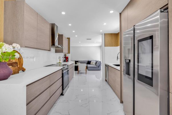 Interior, Kitchen, Living room, Marble, Recessed Lighting, Stainless Steel Appliances