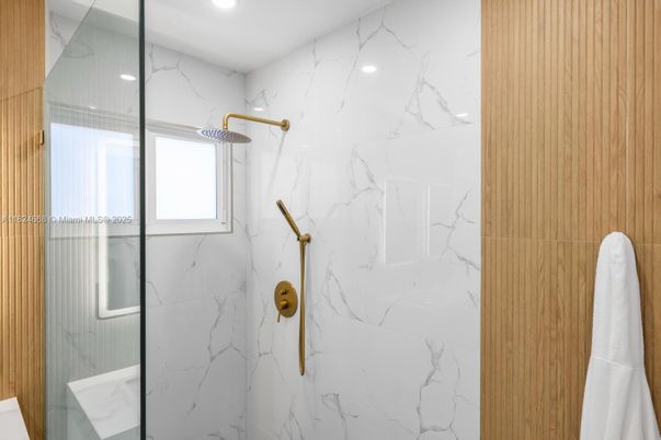 Bathroom, Glass Shower, Interior, Marble Walls, Recessed Lighting
