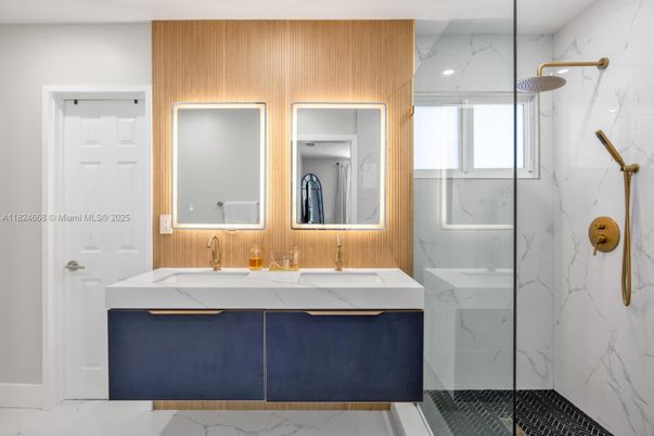 Bathroom, Dual Sink Vanities, Glass Shower, Interior, Marble, Marble Walls