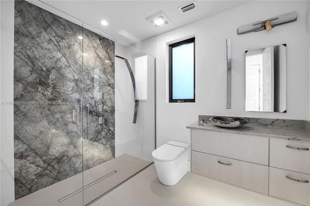 Bathroom, Glass Shower, Interior, Marble Walls, Recessed Lighting