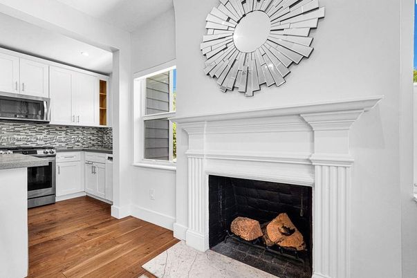 Fireplace, Interior, Kitchen, Recessed Lighting, Wood Texture Flooring