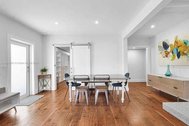 Dining room, Interior, Recessed Lighting, Wood Texture Flooring