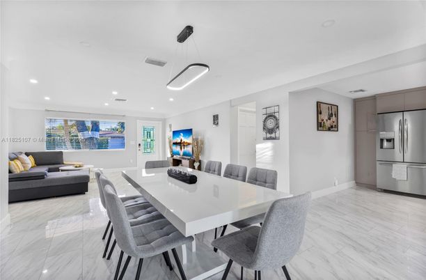 Dining room, Interior, Kitchen, Living room, Marble, Pendant Lights, Recessed Lighting, Stainless Steel Appliances