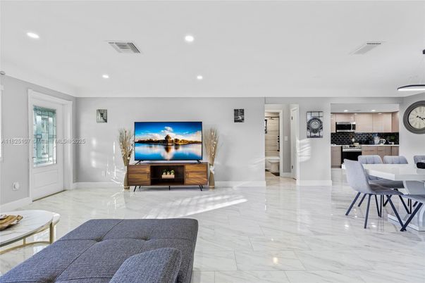 Dining room, Fireplace, Interior, Kitchen, Living room, Marble, Pendant Lights, Recessed Lighting