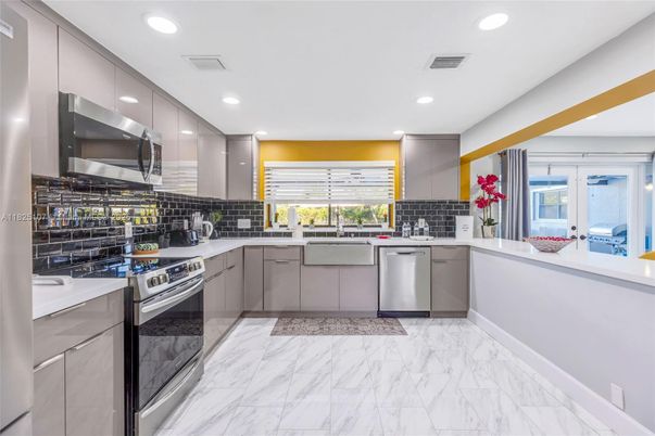 Interior, Kitchen, Marble, Recessed Lighting, Stainless Steel Appliances
