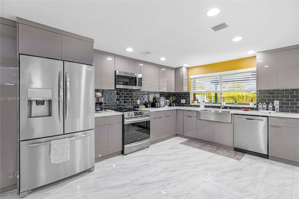 Interior, Kitchen, Marble, Recessed Lighting, Stainless Steel Appliances