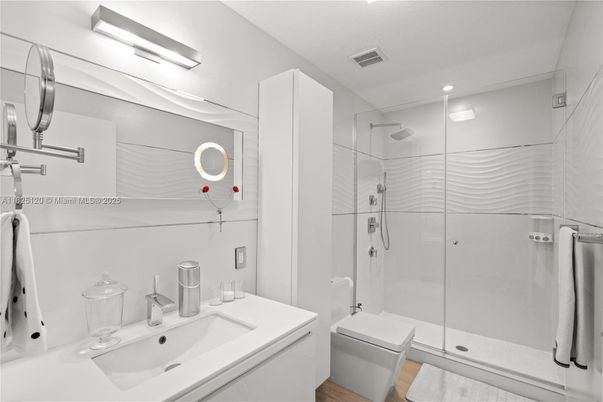 Bathroom, Glass Shower, Interior, Recessed Lighting, Wood Texture Flooring