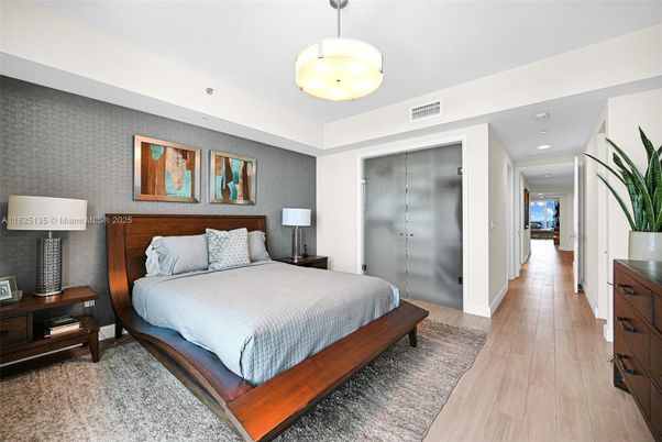 Bedroom, Interior, Pendant Lights, Recessed Lighting, Wood Texture Flooring