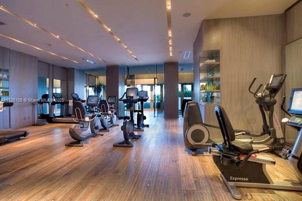 Fitness Equipment, Gym, Interior, Recessed Lighting, Wood Texture Flooring