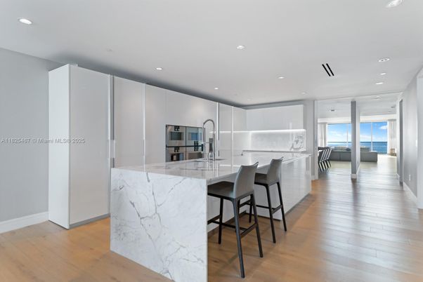 Interior, Kitchen, Recessed Lighting, Stainless Steel Appliances, Water, Wood Texture Flooring