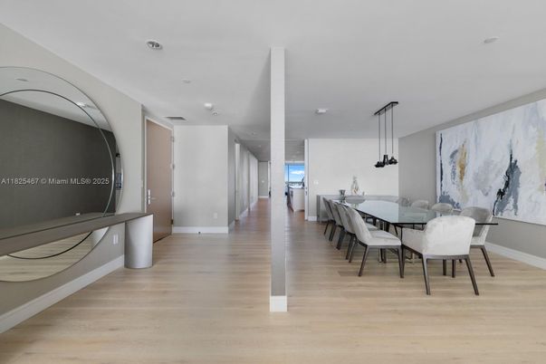 Dining room, Interior, Pendant Lights, Recessed Lighting, Wood Texture Flooring