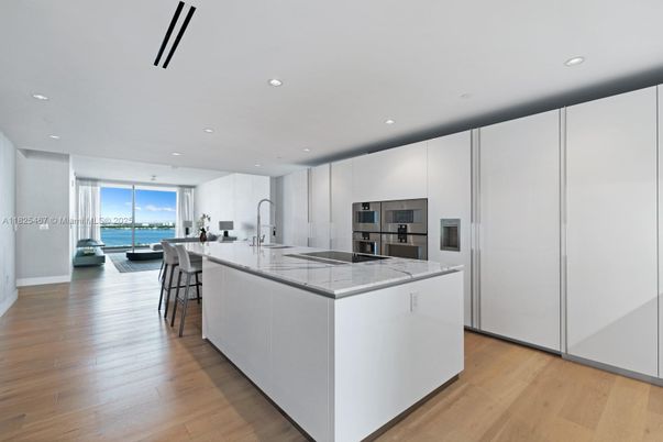 Interior, Kitchen, Recessed Lighting, Stainless Steel Appliances, Water, Wood Texture Flooring