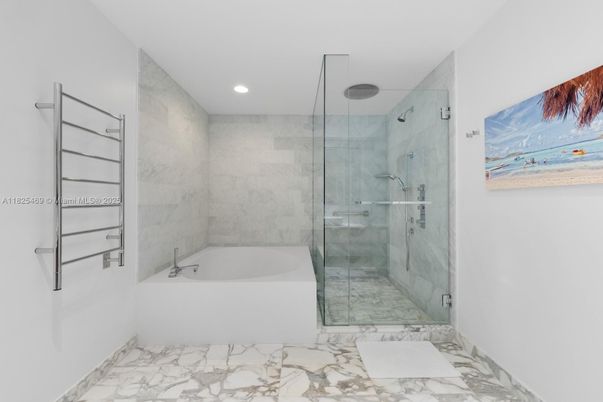 Bathroom, Glass Shower, Interior, Marble, Marble Walls, Recessed Lighting