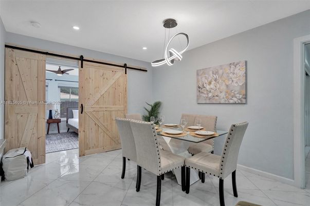 Dining room, Interior, Marble, Pendant Lights, Recessed Lighting, Wooden Walls