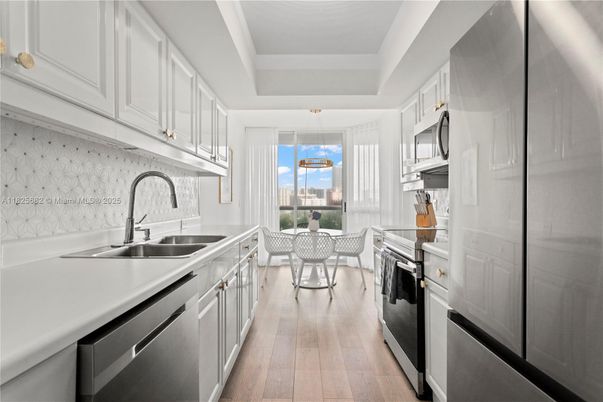 Interior, Kitchen, Pendant Lights, Stainless Steel Appliances, Water, Wood Texture Flooring