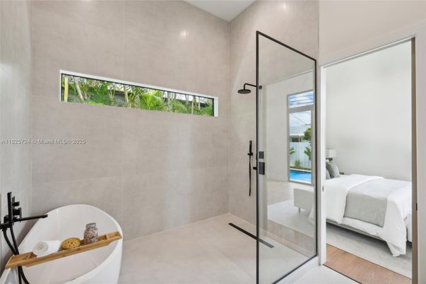 Bathroom, Bedroom, Glass Shower, Interior, Recessed Lighting, Wood Texture Flooring