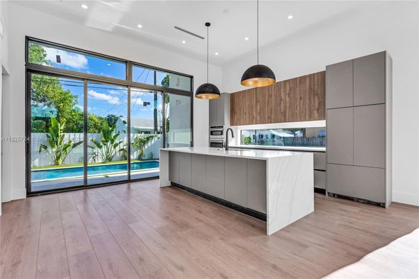 Interior, Kitchen, Pendant Lights, Recessed Lighting, Stainless Steel Appliances, Water, Wood Texture Flooring
