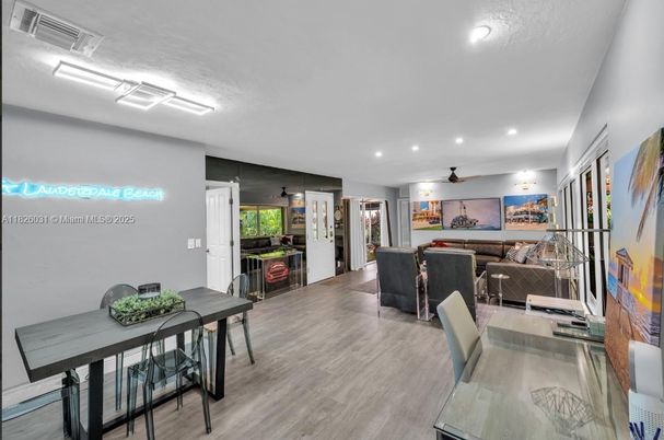 Dining room, Interior, Living room, Recessed Lighting, Wood Texture Flooring