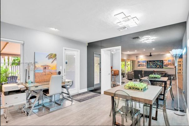 Dining room, Interior, Recessed Lighting, Wood Texture Flooring