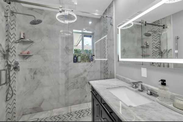 Bathroom, Glass Shower, Interior, Marble Walls, Recessed Lighting
