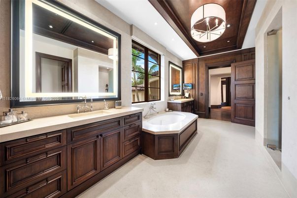 Bathroom, Dual Sink Vanities, Interior, Pendant Lights, Recessed Lighting, Wooden Walls
