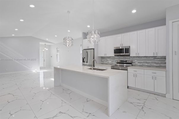 Interior, Kitchen, Marble, Pendant Lights, Recessed Lighting, Stainless Steel Appliances