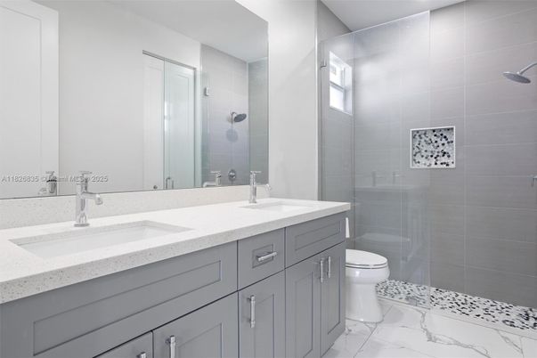 Bathroom, Dual Sink Vanities, Glass Shower, Interior, Marble